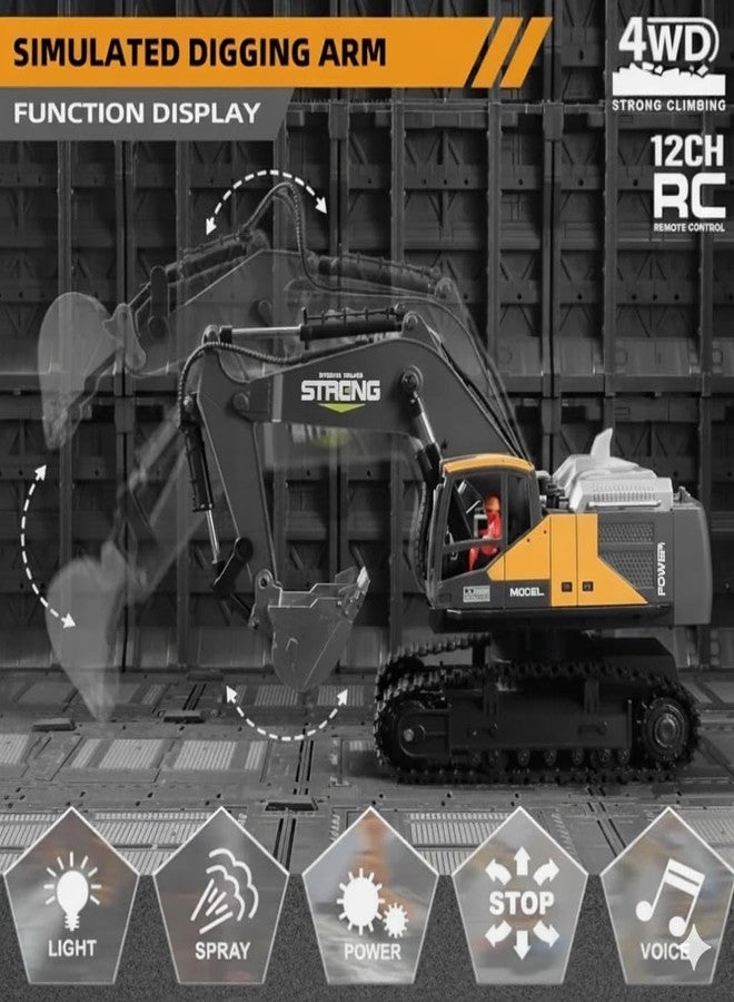 Onecado RC Construction Excavator Toy with 12-Channel Remote Control, Full 360-Degree Rotation, Working LED Lights, Sound and Smoke Effects, Metal Bucket for Kids Above 6 Years - Image 2